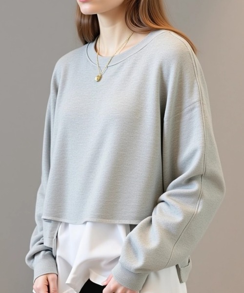 cammie（キャミー）の「レイヤード風クルーネック裾カットオフスウェットトップス（Tシャツ/カットソー・レディース・ライトグレー/ブラック/アイボリー/イエロー×グリーン・MEDIUM/LARGE）」の16枚目の写真