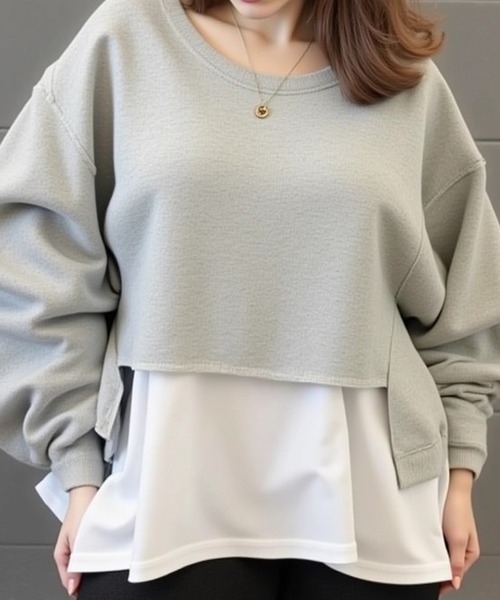 cammie（キャミー）の「レイヤード風クルーネック裾カットオフスウェットトップス（Tシャツ/カットソー・レディース・ライトグレー/ブラック/アイボリー/イエロー×グリーン・MEDIUM/LARGE）」の15枚目の写真