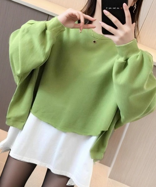 cammie（キャミー）の「レイヤード風クルーネック裾カットオフスウェットトップス（Tシャツ/カットソー・レディース・ライトグレー/ブラック/アイボリー/イエロー×グリーン・MEDIUM/LARGE）」の19枚目の写真