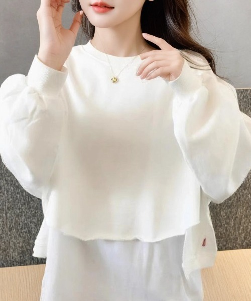 cammie（キャミー）の「レイヤード風クルーネック裾カットオフスウェットトップス（Tシャツ/カットソー・レディース・ライトグレー/ブラック/アイボリー/イエロー×グリーン・MEDIUM/LARGE）」の7枚目の写真