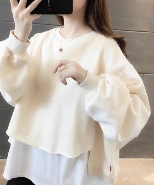 cammie（キャミー）の「レイヤード風クルーネック裾カットオフスウェットトップス（Tシャツ/カットソー・レディース・ライトグレー/ブラック/アイボリー/イエロー×グリーン・MEDIUM/LARGE）」の5枚目の写真