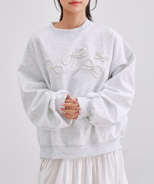 セール】パール リボン 長袖 刺繍 プルオーバー（スウェット）｜Lace