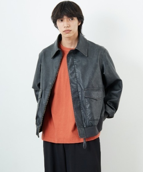 古着　短丈ボンバージャケット　レーヨン　薄手　アーガイル　太アーム　グレー黒M. ARMY TWILL/アーミーツイル] 別注 ヴィーガンレザー A-2フライト