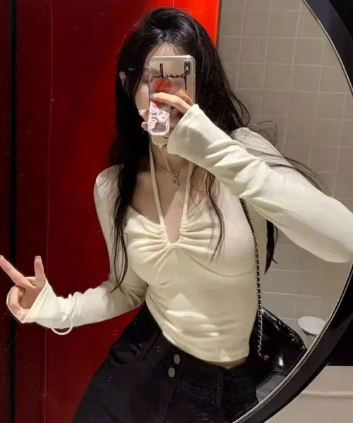 WESTSEA（ウエストシー）の「紐アレンジ 長袖カットソー オフショルダー風（Tシャツ/カットソー・レディース・ブラック/ホワイト・M/L）」の6枚目の写真