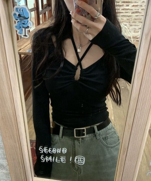 WESTSEA（ウエストシー）の「紐アレンジ 長袖カットソー オフショルダー風（Tシャツ/カットソー・レディース・ブラック/ホワイト・M/L）」の10枚目の写真