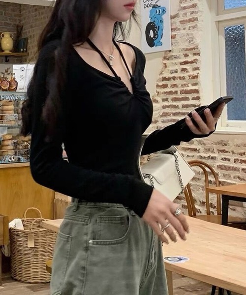 WESTSEA（ウエストシー）の「紐アレンジ 長袖カットソー オフショルダー風（Tシャツ/カットソー・レディース・ブラック/ホワイト・M/L）」の12枚目の写真