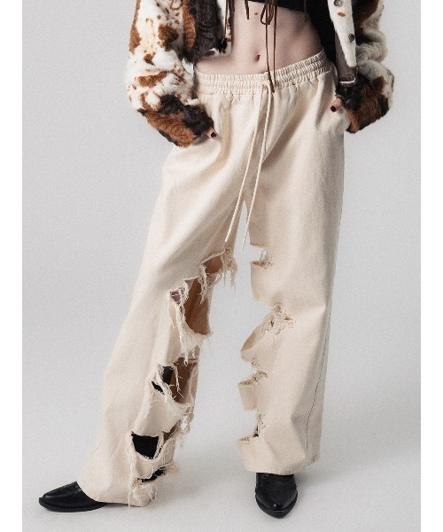 ELCHELE（エルチェレ）の「INSIDE RIPPED HOLE PANTS（スウェットパンツ・レディース・ナチュラル/ブラック・36/38）」の10枚目の写真