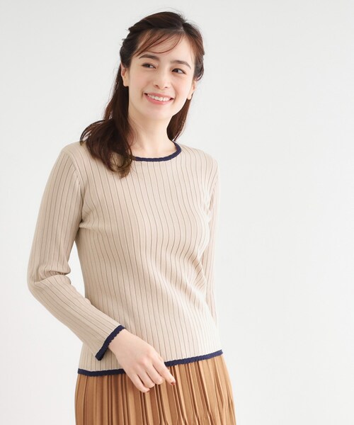 LAURA ASHLEY(ローラアシュレイ)の「【洗える/ハイゲージ/配色デザイン】プルオーバーニット(ニット/セーター・レディース・ブラウン系その他2/ネイビー・38/40)」の1枚目の写真