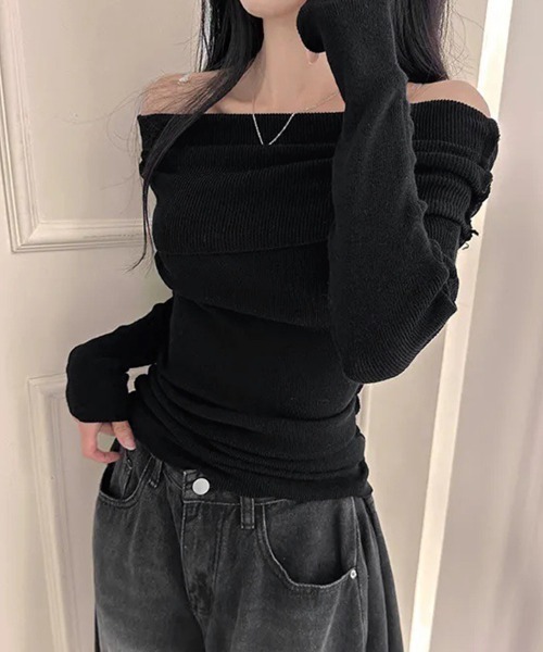 Miniministore(ミニミニストア)の「ワイドオフショルダーニットトップス肩出し(ニット/セーター・レディース・ブラック/ダークグレー/アイボリー/ライトブルー・FREE)」の10枚目の写真