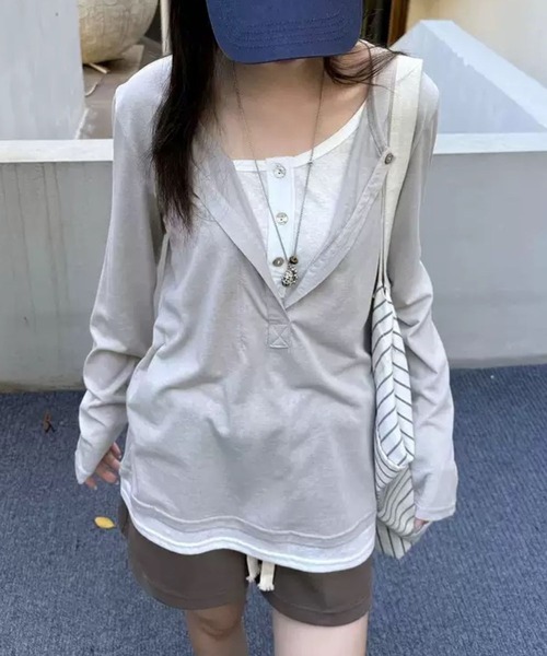 SPIGA（スピーガ）の「ﾚｲﾔｰﾄﾞ風ﾍﾝﾘｰﾈｯｸﾛﾝT（Tシャツ/カットソー・レディース・グレー/ベージュ・SMALL/MEDIUM/LARGE/X-LARGE）」の4枚目の写真