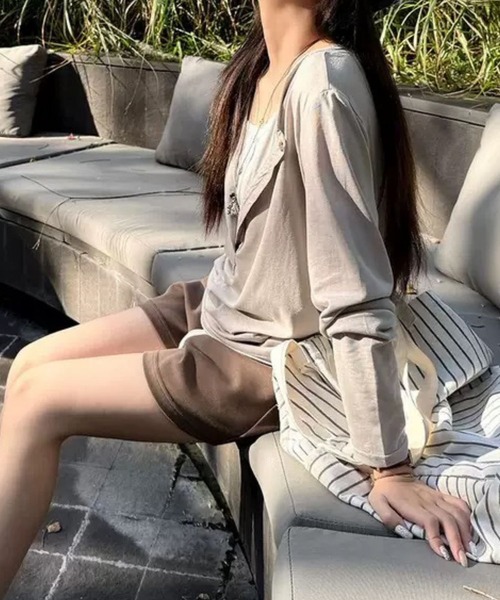 SPIGA（スピーガ）の「ﾚｲﾔｰﾄﾞ風ﾍﾝﾘｰﾈｯｸﾛﾝT（Tシャツ/カットソー・レディース・グレー/ベージュ・SMALL/MEDIUM/LARGE/X-LARGE）」の6枚目の写真