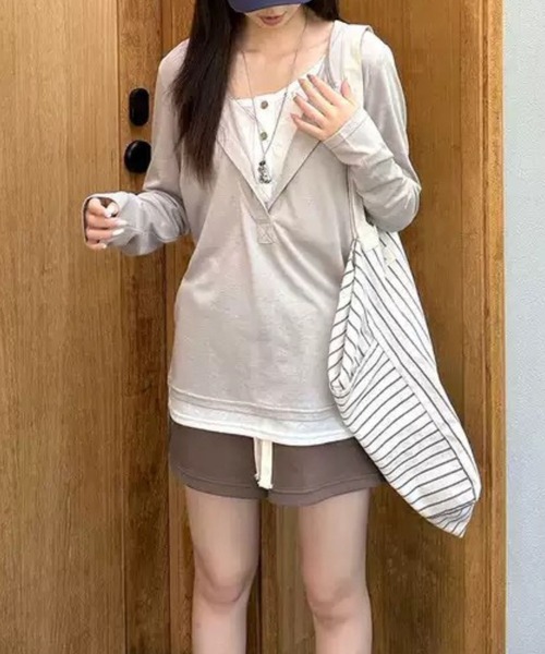 SPIGA（スピーガ）の「ﾚｲﾔｰﾄﾞ風ﾍﾝﾘｰﾈｯｸﾛﾝT（Tシャツ/カットソー・レディース・グレー/ベージュ・SMALL/MEDIUM/LARGE/X-LARGE）」の7枚目の写真