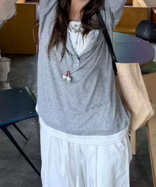 SPIGA（スピーガ）の「ﾚｲﾔｰﾄﾞ風ﾍﾝﾘｰﾈｯｸﾛﾝT（Tシャツ/カットソー・レディース・グレー/ベージュ・SMALL/MEDIUM/LARGE/X-LARGE）」の11枚目の写真