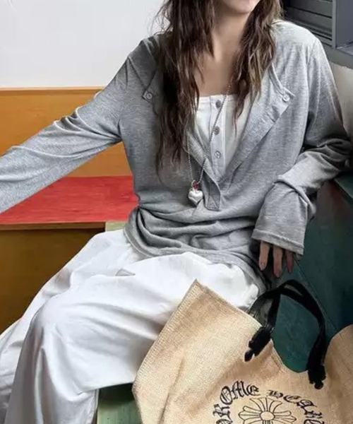 SPIGA（スピーガ）の「ﾚｲﾔｰﾄﾞ風ﾍﾝﾘｰﾈｯｸﾛﾝT（Tシャツ/カットソー・レディース・グレー/ベージュ・SMALL/MEDIUM/LARGE/X-LARGE）」の8枚目の写真