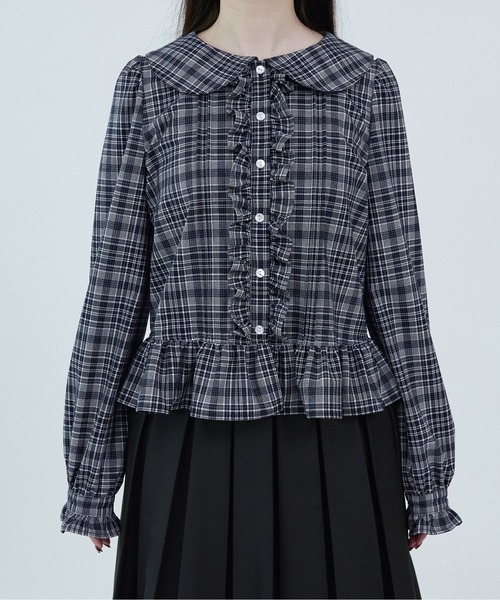 apres jour mignon(アプレジュールミニョン)の「【apresjour mignon soie】frill pin tuck blouse/フリルピンタックブラウス(シャツ/ブラウス・レディース・ネイビー/オフホワイト・フリー/LARGE)」の1枚目の写真