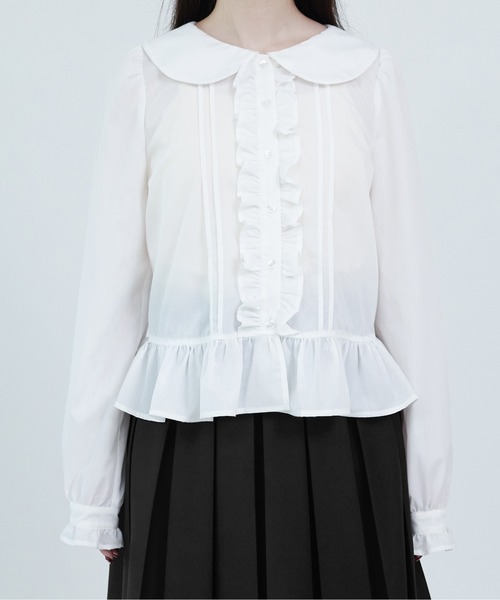 apres jour mignon(アプレジュールミニョン)の「【apresjour mignon soie】frill pin tuck blouse/フリルピンタックブラウス(シャツ/ブラウス・レディース・ネイビー/オフホワイト・フリー/LARGE)」の2枚目の写真