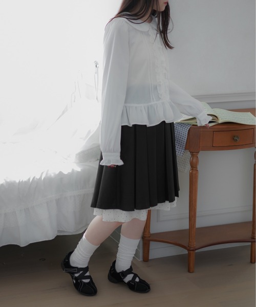 apres jour mignon(アプレジュールミニョン)の「【apresjour mignon soie】frill pin tuck blouse/フリルピンタックブラウス(シャツ/ブラウス・レディース・ネイビー/オフホワイト・フリー/LARGE)」の11枚目の写真