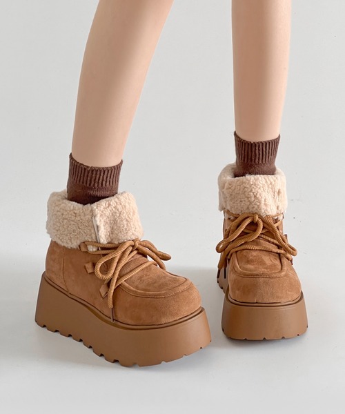 ブラウン 厚底 ムートンブーツ ベルクロ ブラウン 厚底 ムートンブーツ ベルクロ