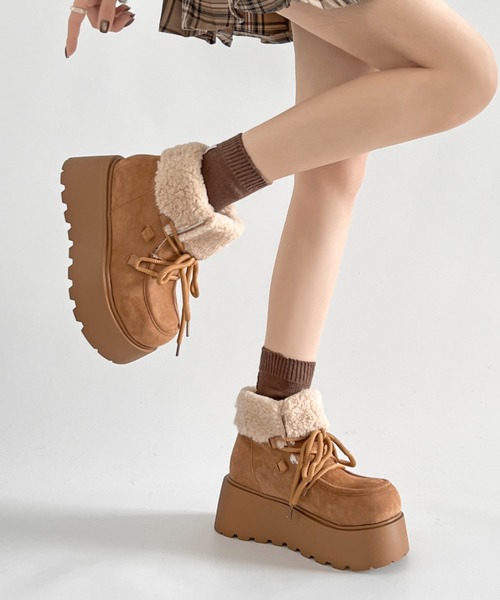 ブラウン 厚底 ムートンブーツ ベルクロ 楽天市場】厚底 プラットフォーム ダブルベルト ムートンブーツ