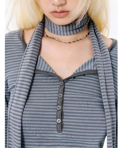 runningHIGH(ランニングハイ)の「A'GEM/9 × .kom 『runningHIGH/ランニングハイ』 BUTTON STRIPE L/S TEE with MUFFLER/ヘンリーネックデザイン マフラー付きボーダー長袖Tシャツ(Tシャツ/カットソー・レディース・ブラック/カーキ・FREE)」の14枚目の写真