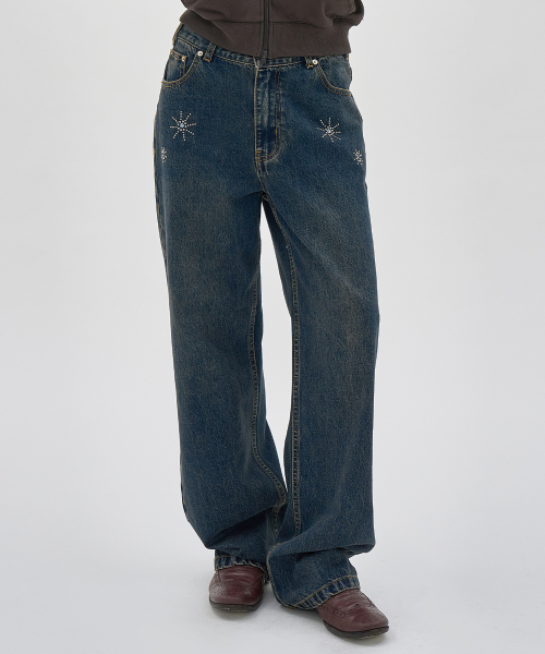 ジェムストーンワイドレッグデニムパンツ_ダークブルー（デニムパンツ