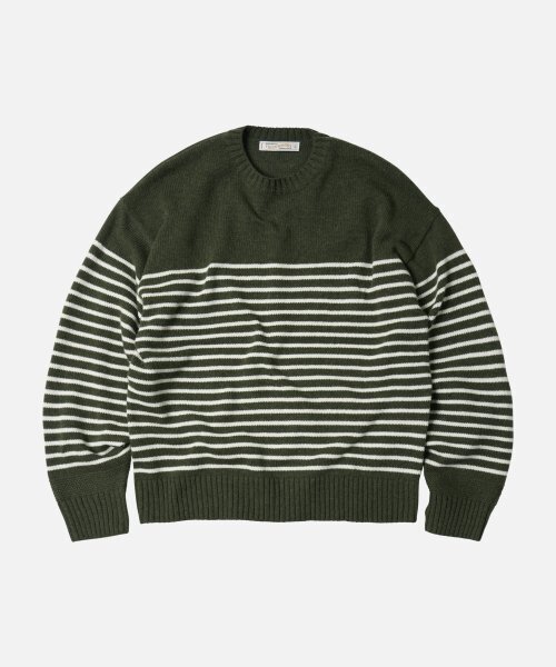 FRIZMWORKS(フリズムワークス)の「WOOL STRIPE RELAX KNIT _ OLIVE(ニット/セーター・レディース・その他・X-LARGE/MEDIUM/LARGE)」の1枚目の写真