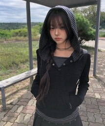 anyonemore（エニワンモア）の「ボーダー配色スナップフードボタンTシャツ（パーカー）」