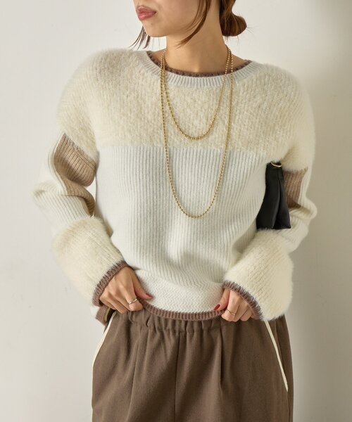 Jena espace merveilleux（ジェナ　エスパスメルヴェイユ）の「【配色ラインで大人の抜け感】ライン配色フェザーニット（ニット/セーター・レディース・ライトグレー/オフホワイト/ネイビー・FREE）」の9枚目の写真