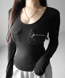 【 裏起毛 】アウトポケットオープンネックスリムトップス ／ out pocket open neck slim tops