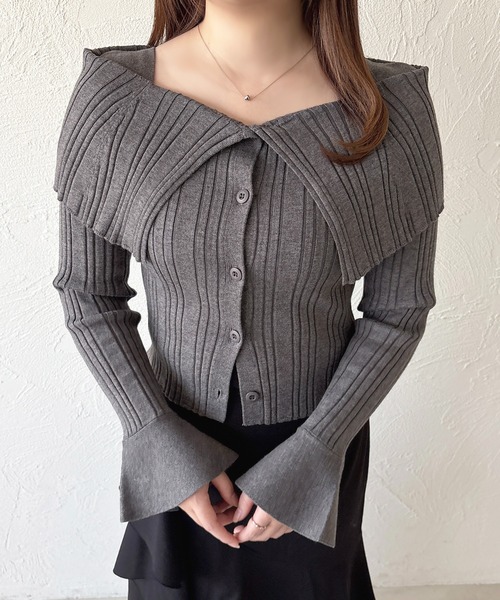 apres jour(アプレジュール)の「オフショル風ビッグカラーニットカーディガン(カーディガン/ボレロ・レディース・ボルドー/ブラック/アイボリー/チャコールグレー・X-LARGE/フリー)」の14枚目の写真