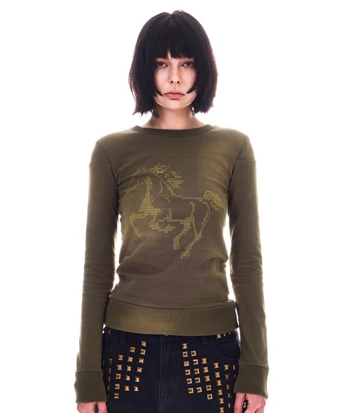 BEEDEN(ビーデン)の「HORSE PRINT USED LIKE TOPS(Tシャツ/カットソー・レディース・カーキ/ブラック・FREE)」の9枚目の写真