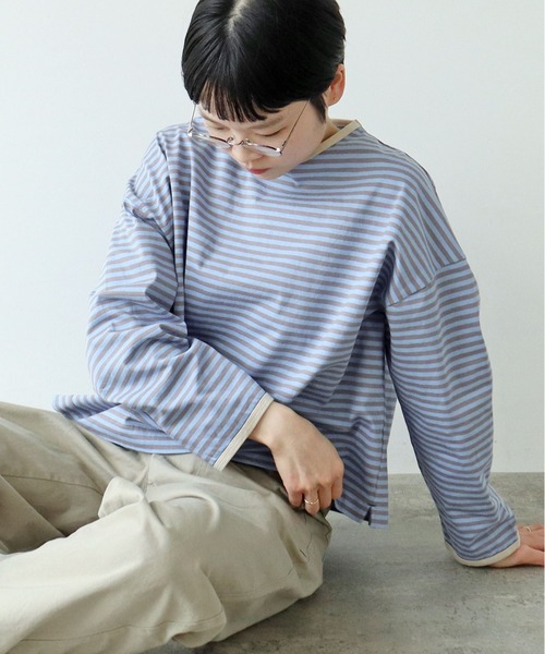 PAR ICI(パーリッシィ)の「ボーダー配色バインダー 長袖BIGカットソー【SEASON COLOR】(Tシャツ/カットソー・レディース・マスタード/ピンク系その他2/グリーン系その他/ダークブラウン/カーキ/ブルー系その他/イエロー系その他・FREE)」の1枚目の写真