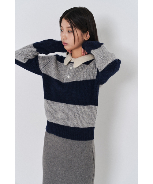 POKER FACE（ポーカーフェイス）の「(W)RUGBY SWEATER GREY/NAVY（ニット/セーター・レディース・ライトグレー・46）」の2枚目の写真