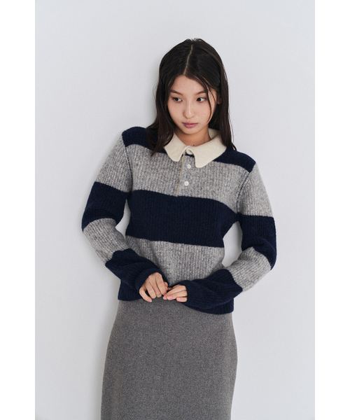POKER FACE（ポーカーフェイス）の「(W)RUGBY SWEATER GREY/NAVY（ニット/セーター・レディース・ライトグレー・46）」の3枚目の写真