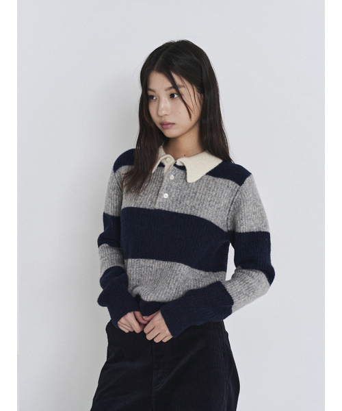 POKER FACE（ポーカーフェイス）の「(W)RUGBY SWEATER GREY/NAVY（ニット/セーター・レディース・ライトグレー・46）」の4枚目の写真