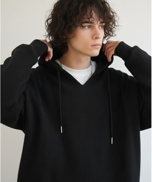 Java(ジャバ)の「《JaVa ジャバコラボ》毎日着たい、今っぽゆるっとシルエット。綿100%オーバーサイズワッフルパーカー(パーカー・レディース・杢グレー/オフホワイト/アイボリー/ブラック/ネイビー・MEDIUM/LARGE/X-LARGE/SMALL)」の11枚目の写真