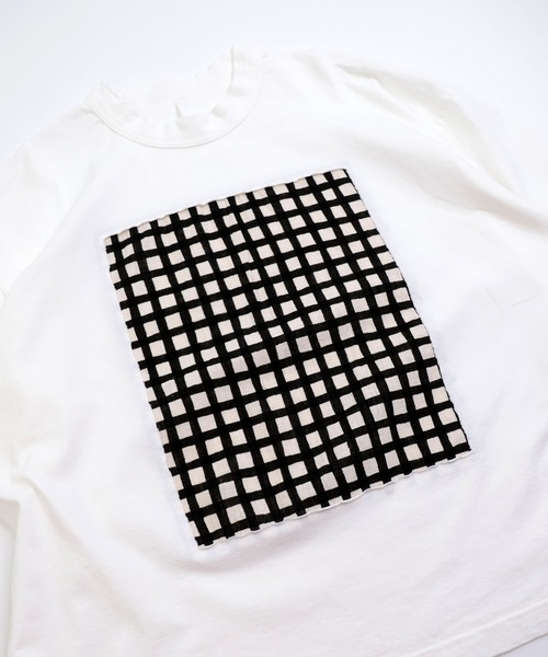 prit] 空紡天竺×プリント 5分袖フレームTシャツ (ドット＆チェック