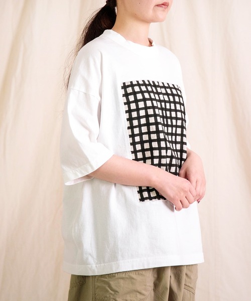 prit] 空紡天竺×プリント 5分袖フレームTシャツ (ドット＆チェック