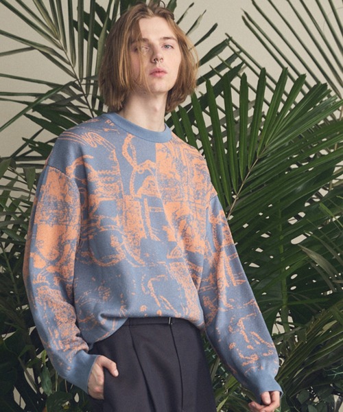 UNISEX》Scarf Collage Jacquard Prime-Over Crew Neck Knit Pullover