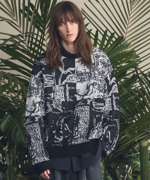 UNISEX》Scarf Collage Jacquard Prime-Over Crew Neck Knit Pullover