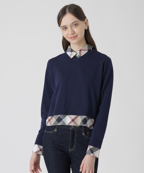 BLUE LABEL CRESTBRIDGE（ブルーレーベルクレストブリッジ）の「コットンナイロンレイヤードニットプルオーバー（ニット/セーター・レディース・レッド系その他/ダークネイビー/ホワイト・38）」の2枚目の写真