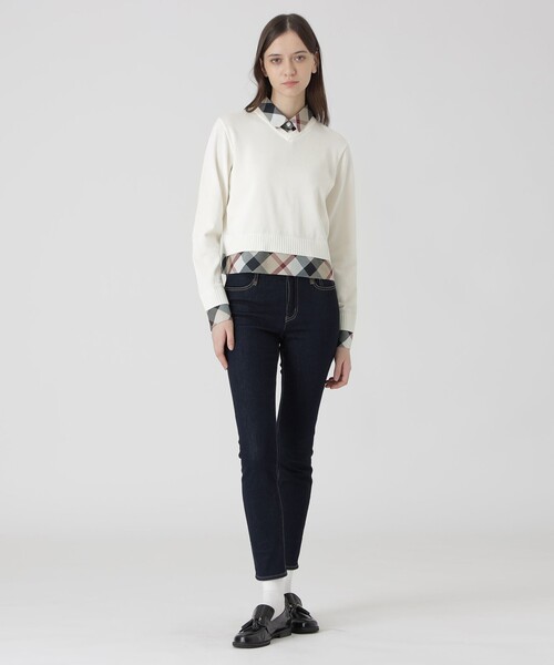 BLUE LABEL CRESTBRIDGE（ブルーレーベルクレストブリッジ）の「コットンナイロンレイヤードニットプルオーバー（ニット/セーター・レディース・レッド系その他/ダークネイビー/ホワイト・38）」の4枚目の写真
