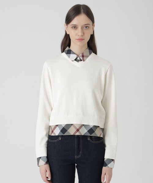 BLUE LABEL CRESTBRIDGE（ブルーレーベルクレストブリッジ）の「コットンナイロンレイヤードニットプルオーバー（ニット/セーター・レディース・レッド系その他/ダークネイビー/ホワイト・38）」の5枚目の写真