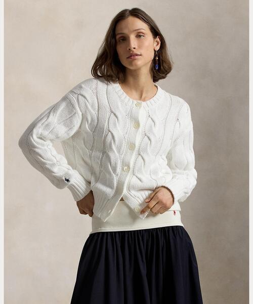 ケーブルニット コットン クルーネック カーディガン（カーディガン