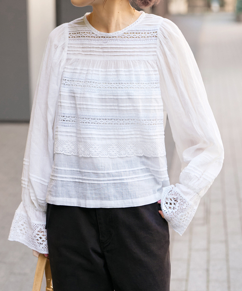Spick & Span(スピックアンドスパン)の「ne Quittez pas / ヌキテパ 別注Pintuck & Lace Blouse*(シャツ/ブラウス・レディース・ホワイト/ネイビー・FREE)」の16枚目の写真