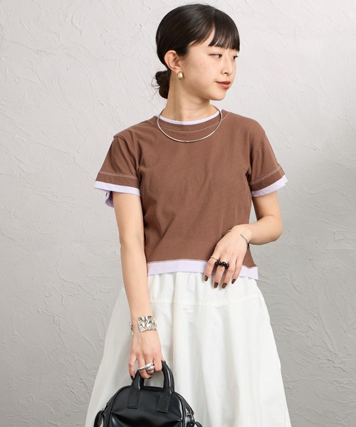 nenom（ネノム）の「[nenom/ネノム] 配色 レイヤードデザイン シア―コンパクトTシャツ（Tシャツ/カットソー・レディース・ブラウン/ブラック/グレー/ライトグリーン・F）」の8枚目の写真