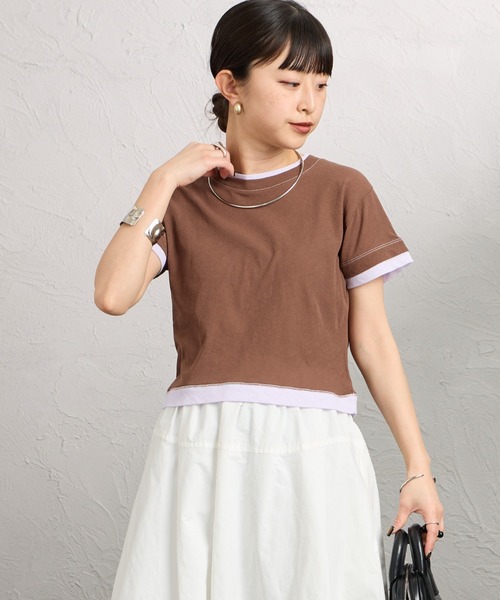 nenom（ネノム）の「[nenom/ネノム] 配色 レイヤードデザイン シア―コンパクトTシャツ（Tシャツ/カットソー・レディース・ブラウン/ブラック/グレー/ライトグリーン・F）」の9枚目の写真