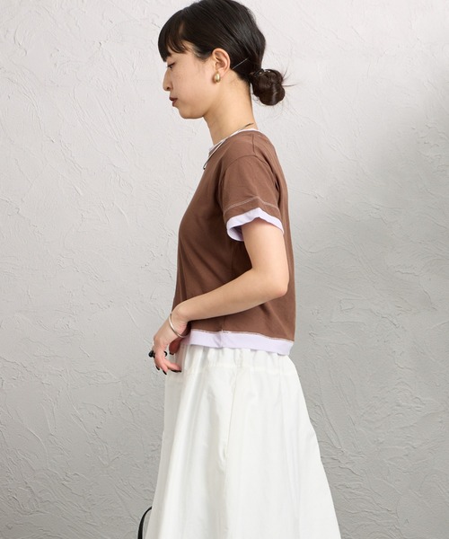 nenom（ネノム）の「[nenom/ネノム] 配色 レイヤードデザイン シア―コンパクトTシャツ（Tシャツ/カットソー・レディース・ブラウン/ブラック/グレー/ライトグリーン・F）」の10枚目の写真