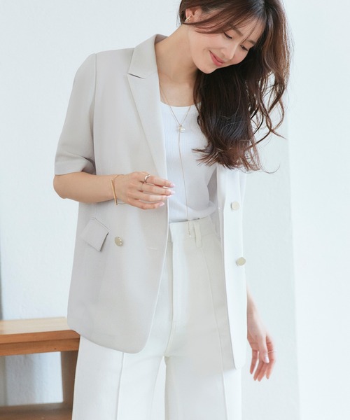 RUIRUE BOUTIQUE(ルイルエブティック)の「洗える ストレッチ | 選べる袖丈 パナマ シアー テーラードジャケット(半袖) | レディース おしゃれ きれいめ オフィスカジュアル 通勤服 夏コーデ ジャケット(テーラードジャケット・レディース・アイボリー/ブラック/チャコール/ベージュ/ネイビー・LL/L/M/S)」の2枚目の写真