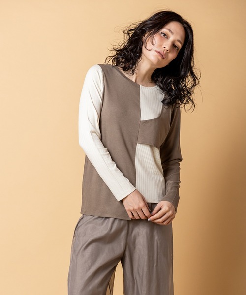 OSMOSIS（オズモーシス）の「2WAY配色テレコプルオーバー（Tシャツ/カットソー・レディース・グレー/ベージュ/ブラック・ONE SIZE）」の3枚目の写真